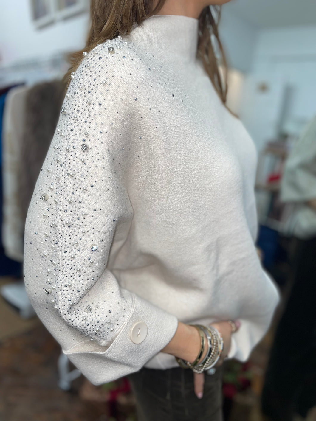 Carrie Folded Sleeve Crystal Jumper Cream