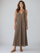 Load image into Gallery viewer, Nerida Wide Strap V Neck Linen Dress Chocolate
