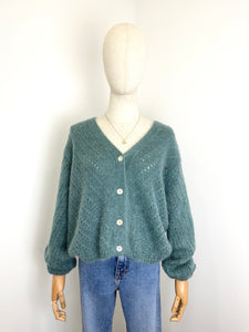 Claudia Open Knit Button Mohair Cardigan Water Green