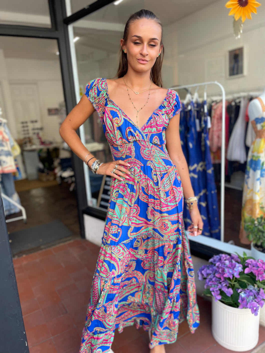 Silky Sue Paisley Dress Cobalt/Pink Paisley