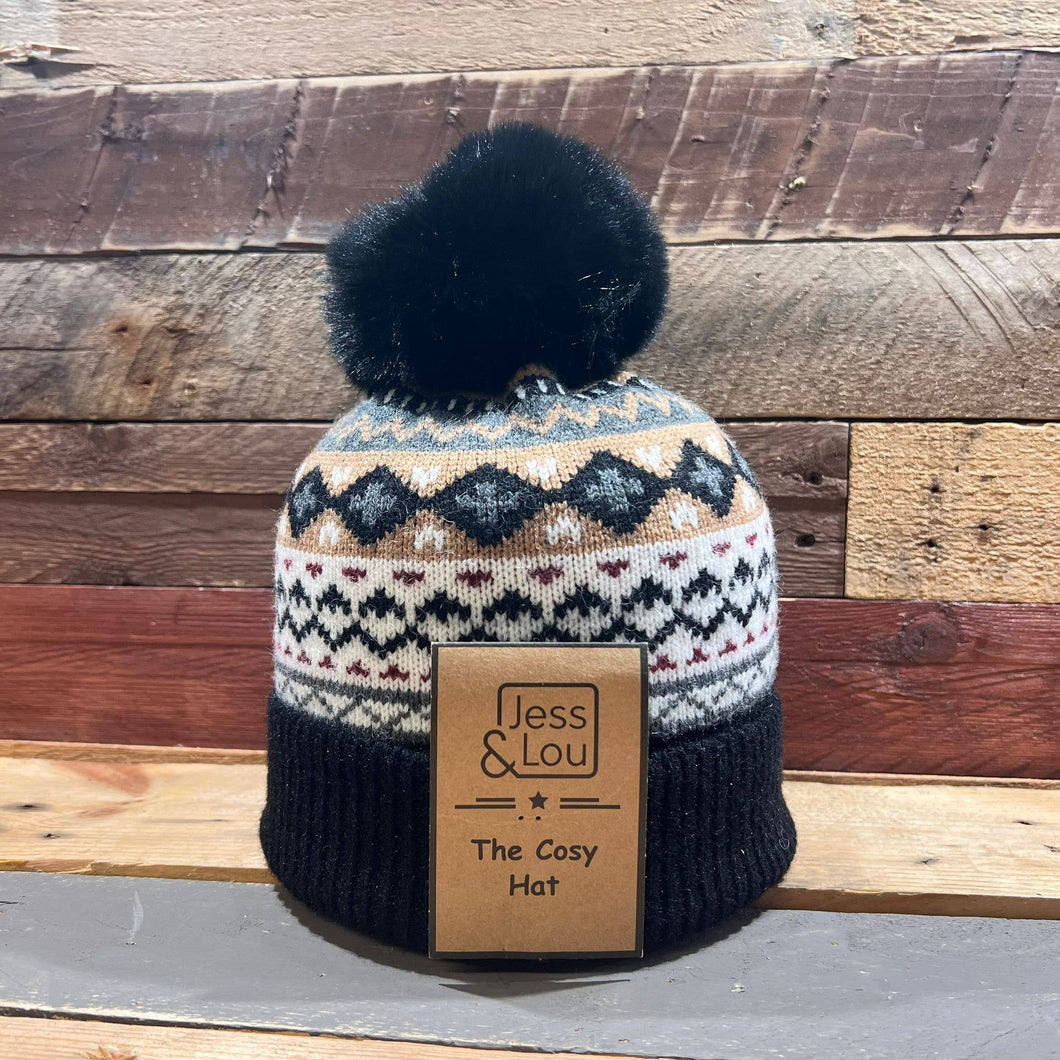 Unisex Black Nordic Cosy Bobble Hat