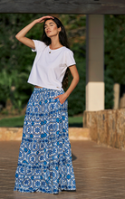 Load image into Gallery viewer, Venezia Cotton Print Maxi Skirt White/Blue
