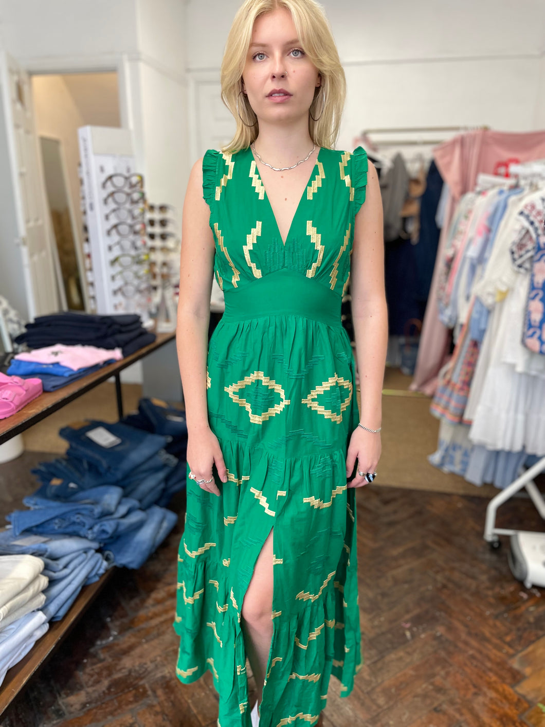 Cindy Embroidered Maxi Dress Green