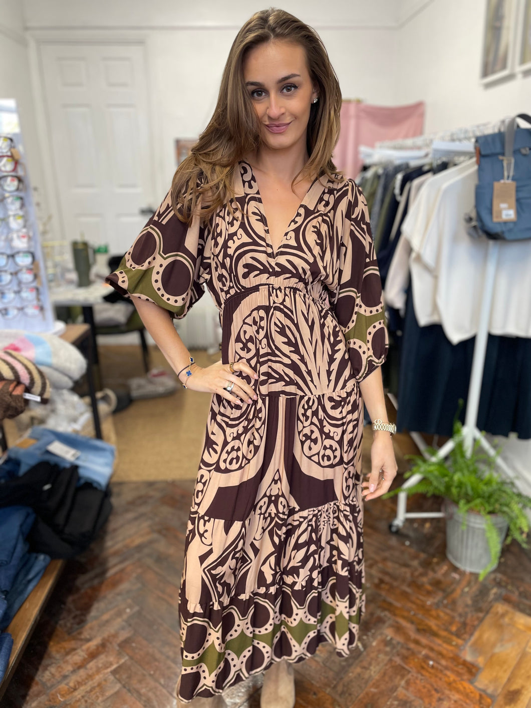 Safi Printed Dress Choc/Olive