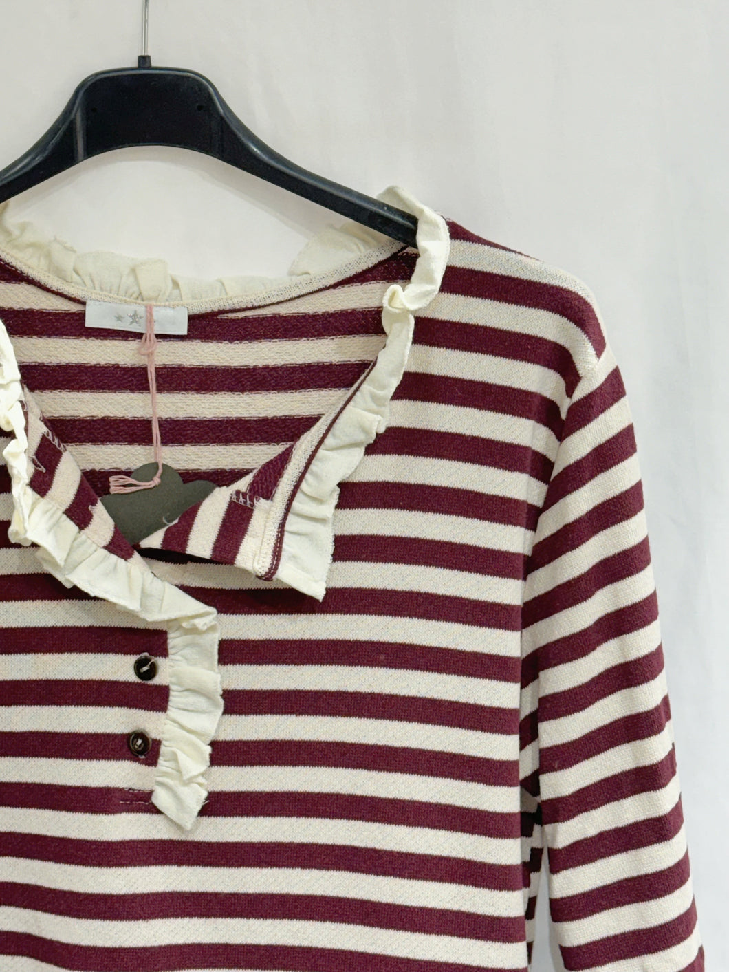 Riko Ruffle Neck Striped T-Shirt Bordeaux