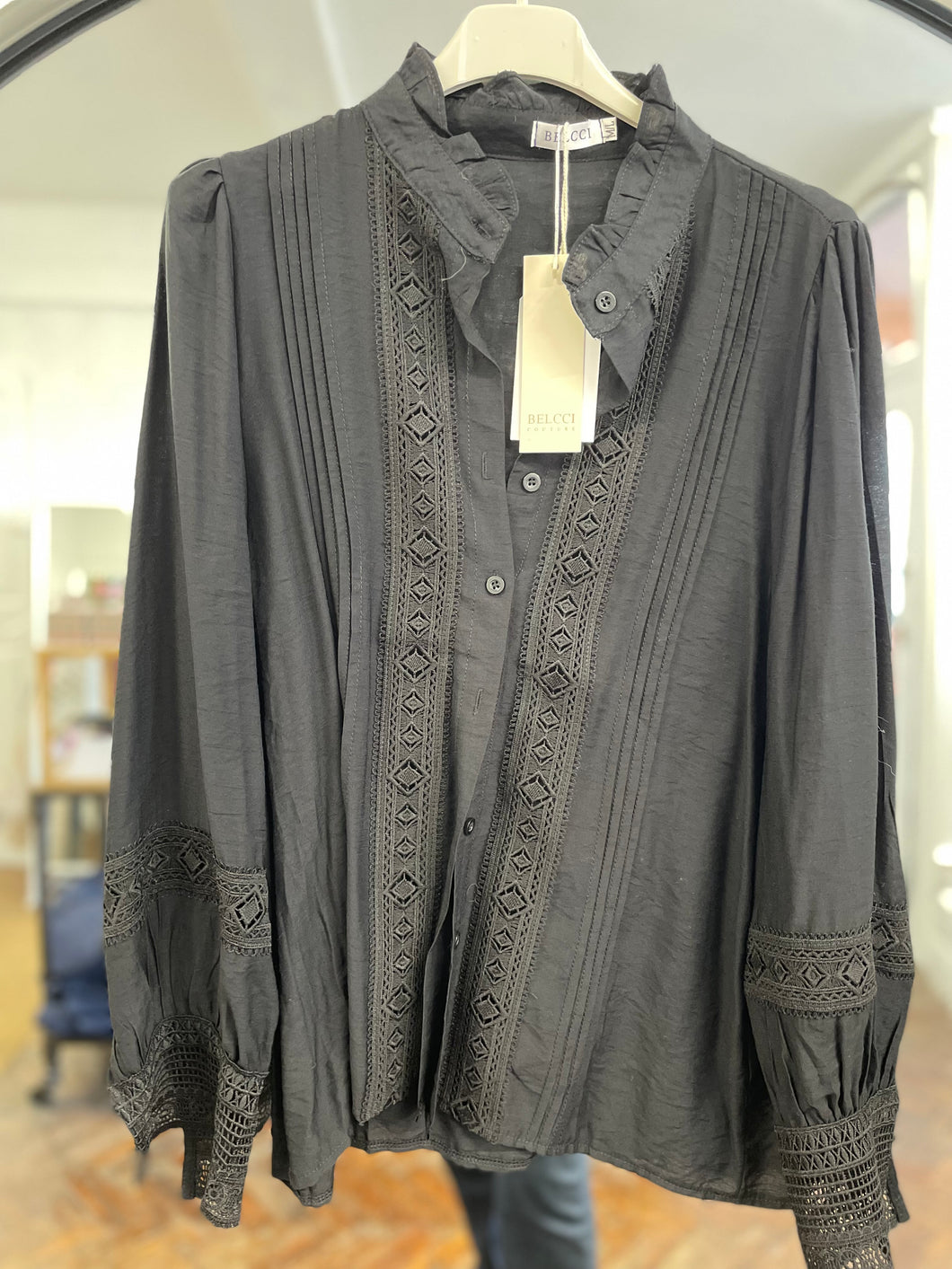 Lena Pintuck & Lace Blouse Black