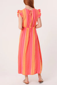 Fi Double V Frill Cheesecloth Dress Aztec Fluro Coral