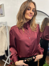 Load image into Gallery viewer, Sadie Satin Ruffle Collar Shirt Burgandy

