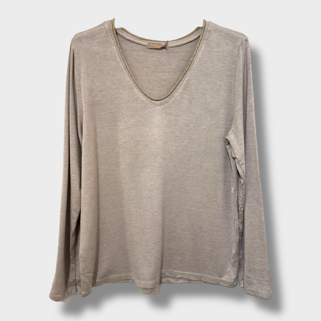 Lurex V Neck T Shirt Beige