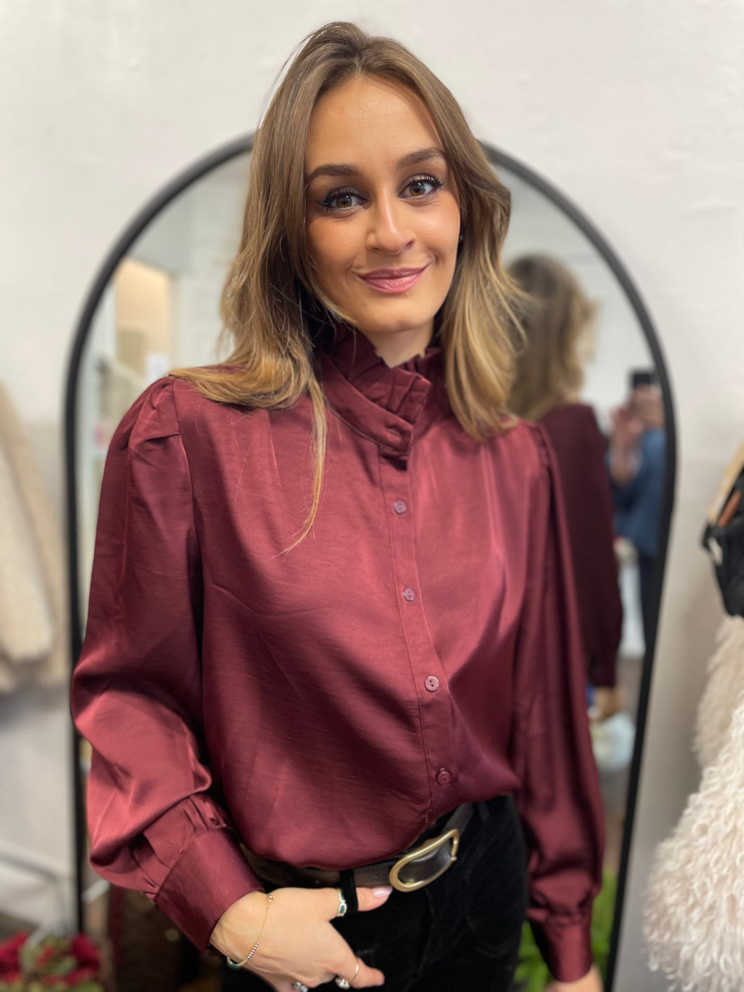 Sadie Satin Ruffle Collar Shirt Burgandy