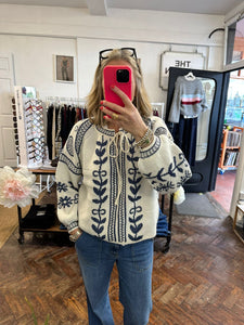 Sparkle Tie Front Jumper Cream/Blue
