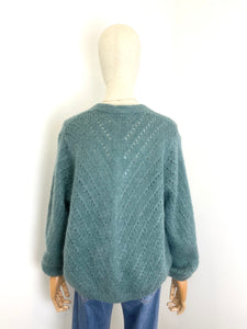 Claudia Open Knit Button Mohair Cardigan Water Green