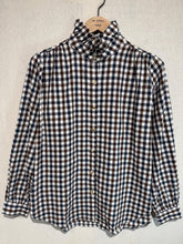 Load image into Gallery viewer, Matilda Checked Ruffle Neck Blouse Navy/Choc
