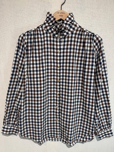 Matilda Checked Ruffle Neck Blouse Navy/Choc