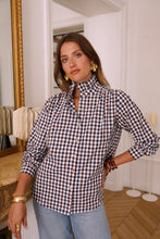 Load image into Gallery viewer, Matilda Checked Ruffle Neck Blouse Navy/Choc
