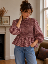 Load image into Gallery viewer, Dolly Gingham Shirred Top Plum
