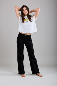 Gloria Patch Pocket Stretch Wide Leg Black Jeans