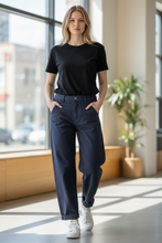 Load image into Gallery viewer, Brielle Stretch Barrel Leg Trouser Navy
