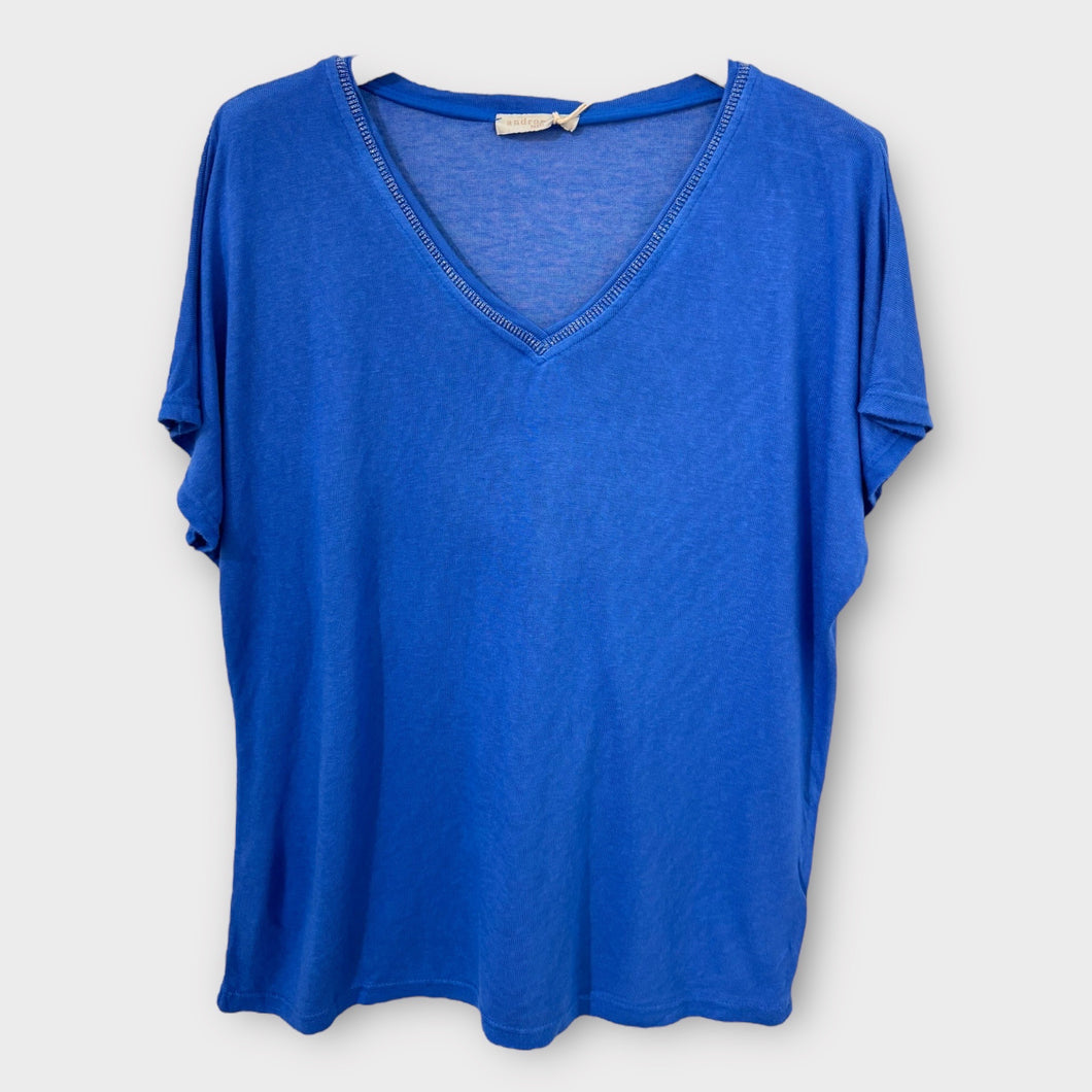 Lux V Neck Tee with Lurex Trim Cobalt Blue