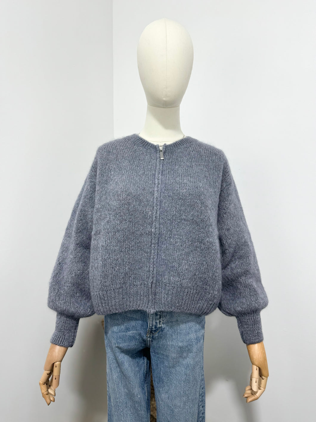 Mohair Zip Front Cardigan Grey