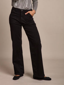 Gloria Patch Pocket Stretch Wide Leg Black Jeans