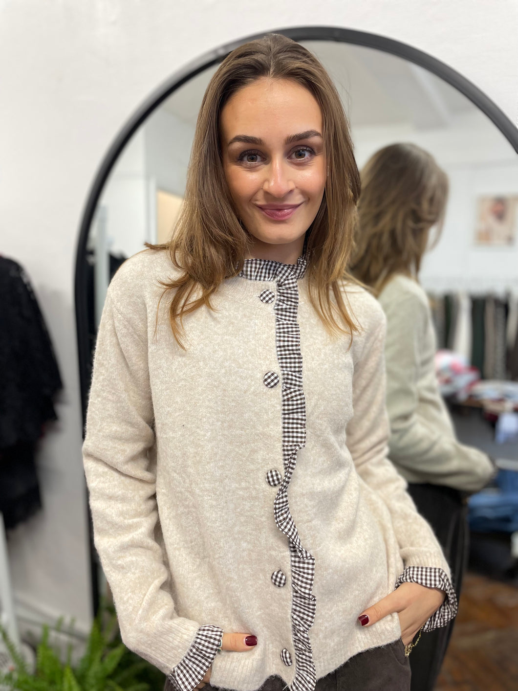 Nadia Checked Trim Cardigan Taupe