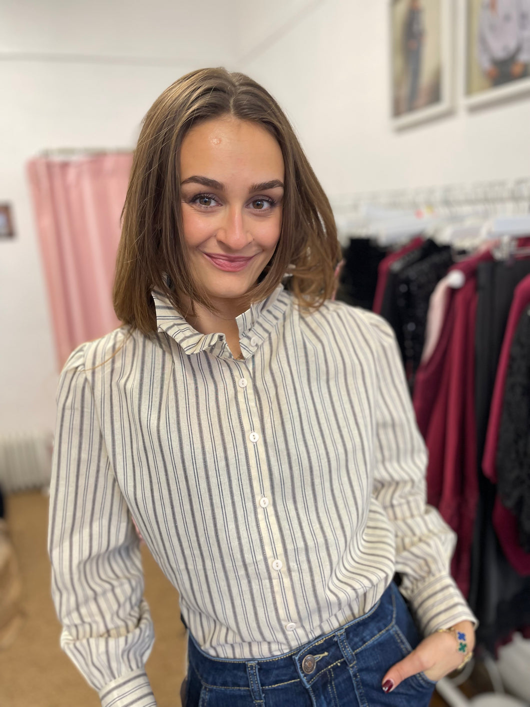 Matilde Stripe Frill Neck Blouse - Beige