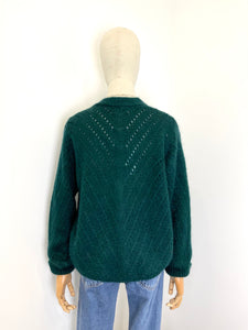 Claudia Open Knit Button Mohair Cardigan Dark Green