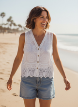 Load image into Gallery viewer, Cove Crochet Trim Waistcoat White

