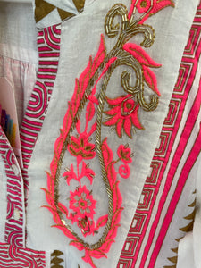 Neon Pink Embroidered & Beaded Short Dress