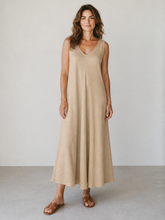 Load image into Gallery viewer, Nerida Pure Linen Wide Strap V Neck Dress Tobacco
