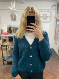 Claudia Open Knit Button Mohair Cardigan Petrol Blue