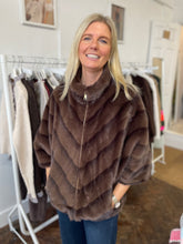 Load image into Gallery viewer, Faux Fur Chevron Zip Cape Chocolate
