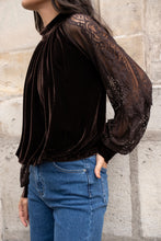Load image into Gallery viewer, Velvet Top with Lace Sleeve Chocolate

