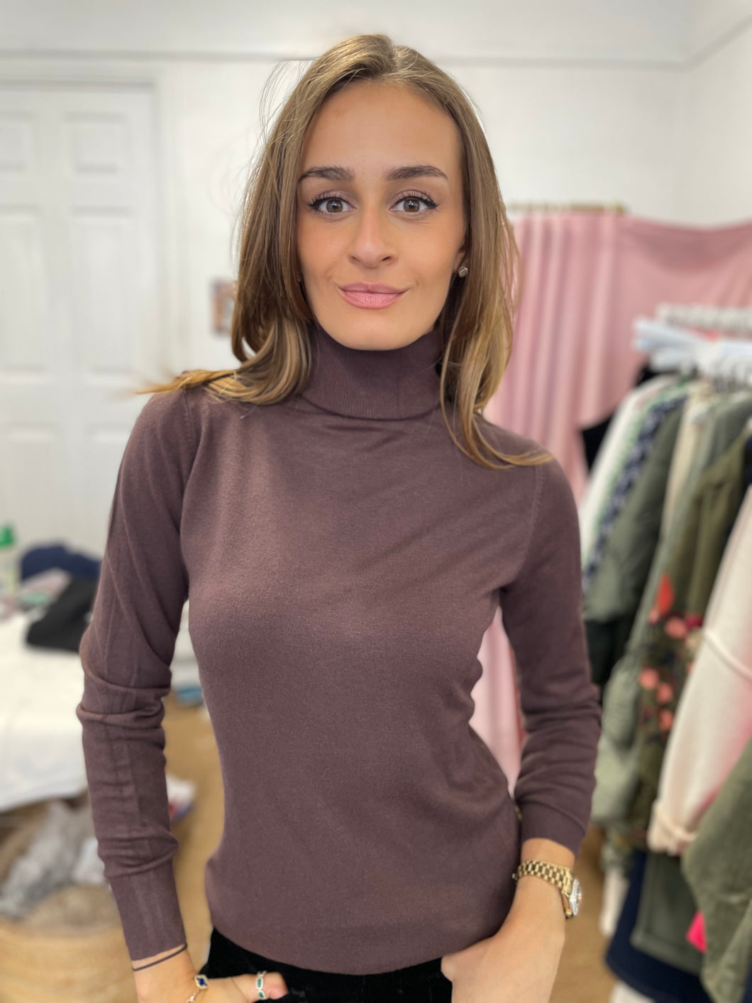 Fine Knit Roll Neck Chocolate
