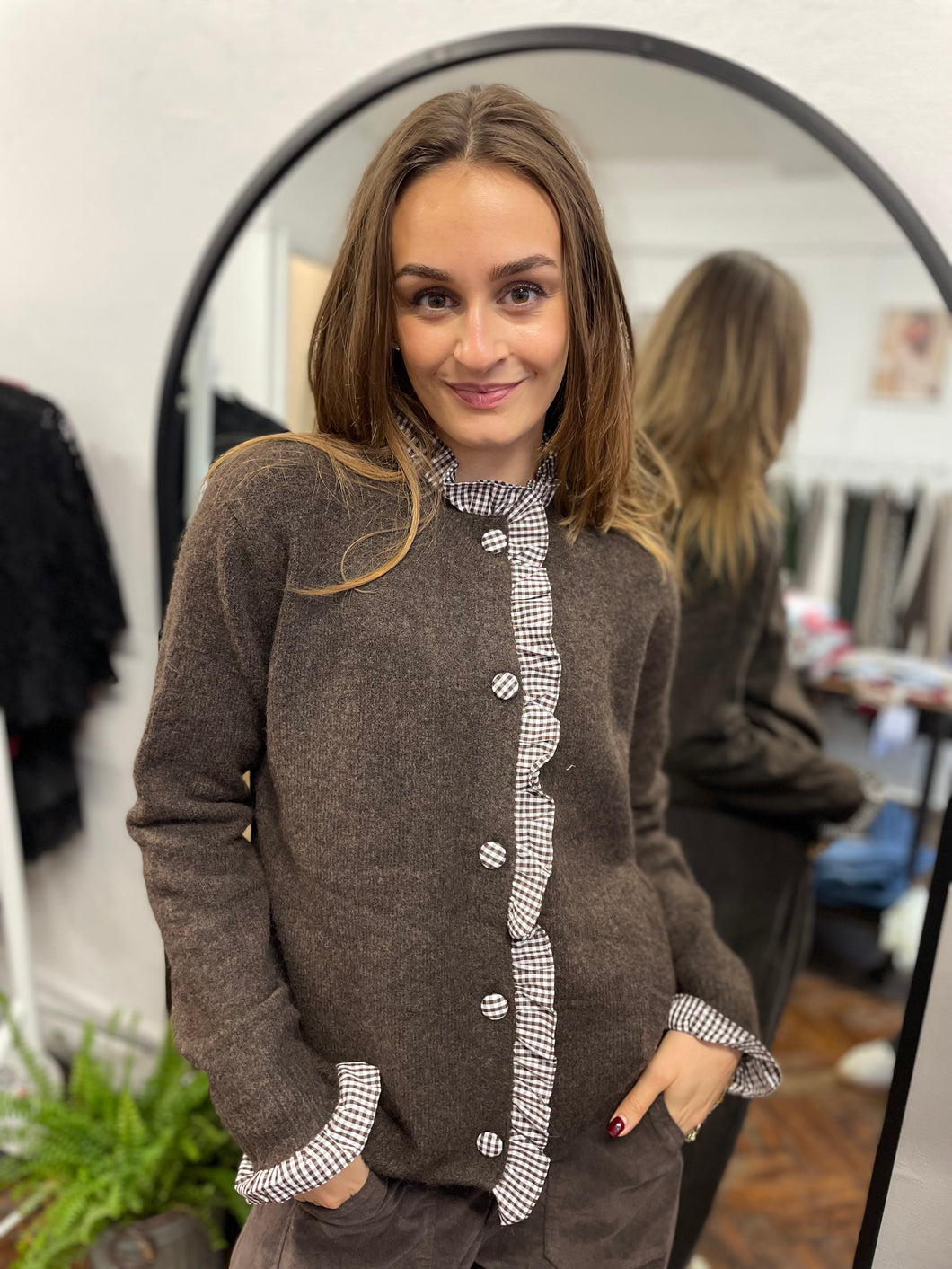 Nadia Checked Trim Cardigan Chocolate