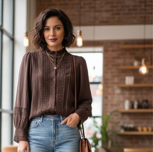 Lena Pintuck & Lace Blouse Chocolate