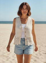 Load image into Gallery viewer, Cove Crochet Trim Waistcoat Cream
