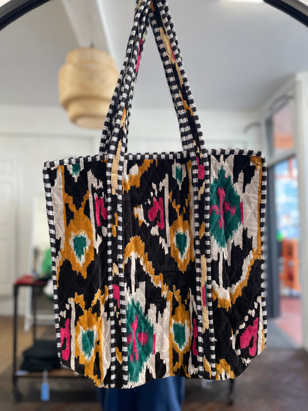 Velvet Ikat Quilted Tote Black