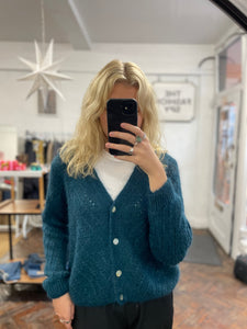 Claudia Open Knit Button Mohair Cardigan Petrol Blue