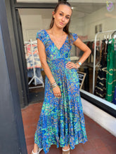 Load image into Gallery viewer, Silky Sue Paisley Dress Cobalt/Green Paisley
