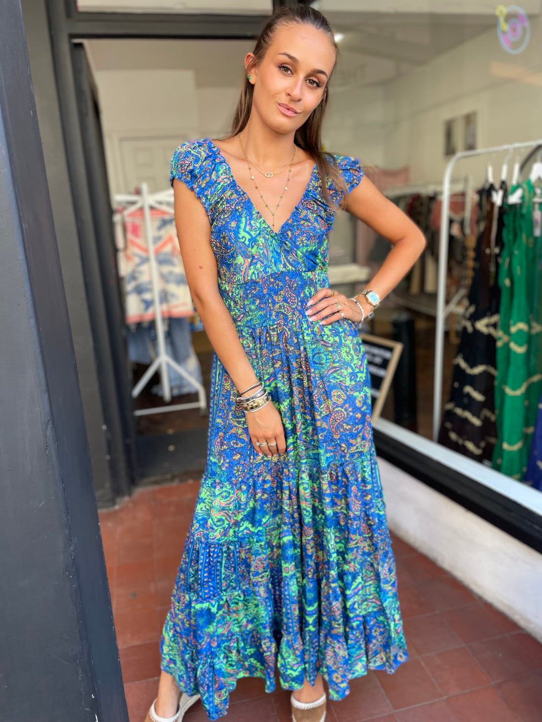 Silky Sue Paisley Dress Cobalt/Green Paisley