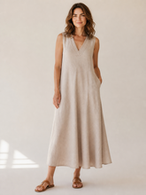 Load image into Gallery viewer, Nola Bias Cut Pure Linen V Dress Mocha
