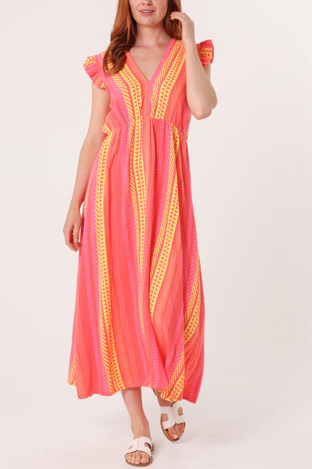 Fi Double V Frill Cheesecloth Dress Aztec Fluro Coral