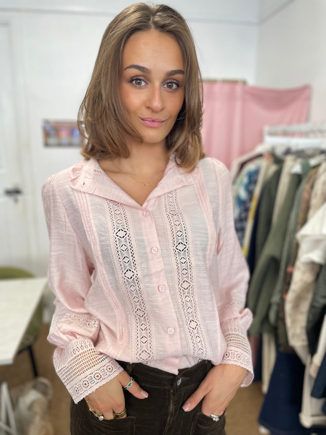 Lena Pintuck & Lace Blouse Dusty Pink