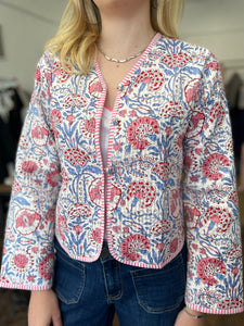 Tara Cotton Quilted Jacket White/Blue/Pink/Red Peony