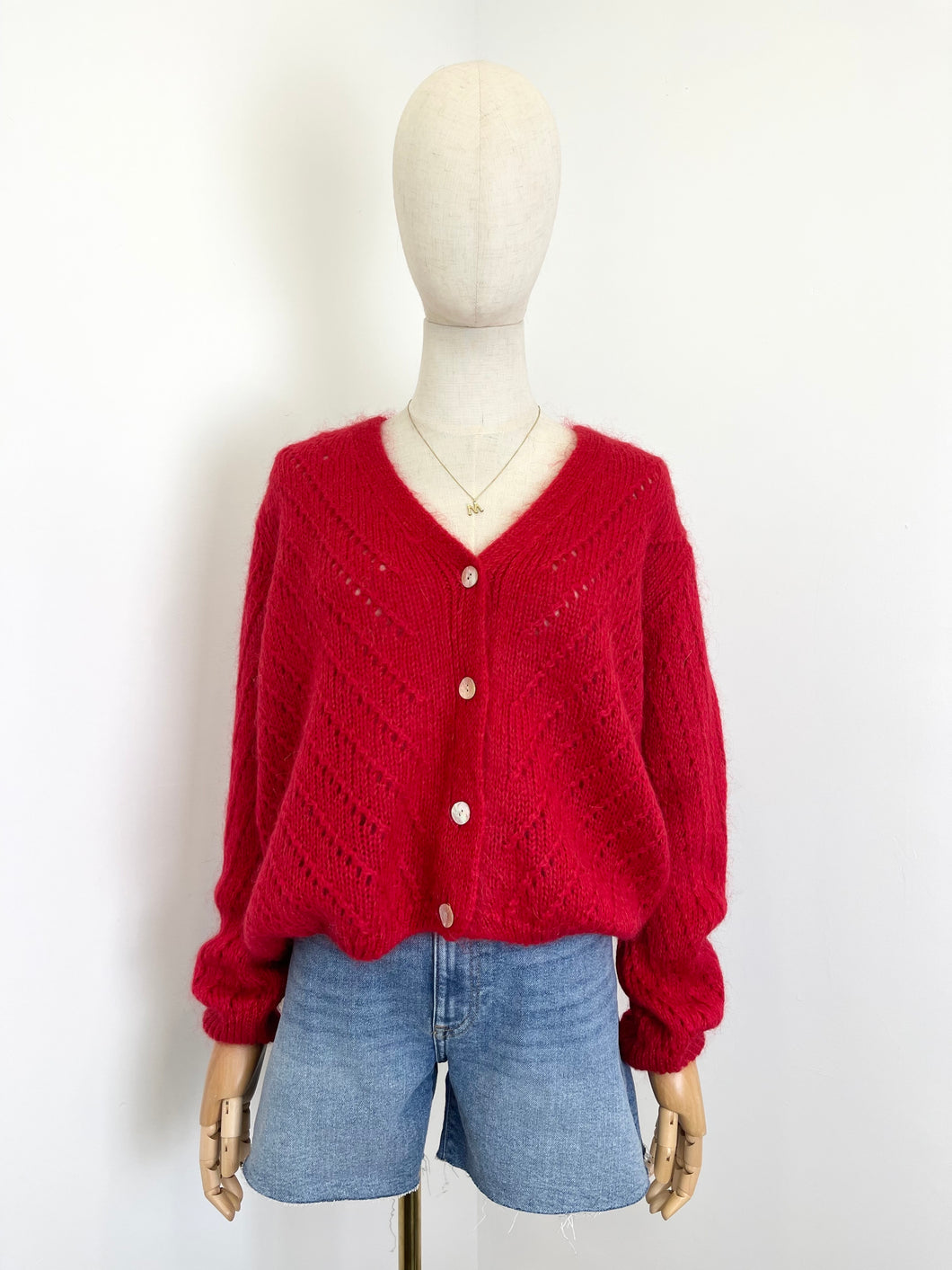 Claudia Open Knit Button Mohair Cardigan Red