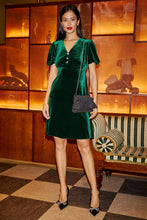 Load image into Gallery viewer, Green Velvet Skater Dress With Diamante Bow Detail - Green
