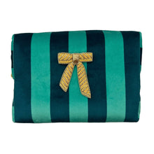 Load image into Gallery viewer, Teal Stripe Make-up Bag &amp; Bow Brooch - Recycled Velvet: Small
