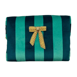 Teal Stripe Make-up Bag & Bow Brooch - Recycled Velvet: Small